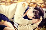  autumn_leaves bad_id bad_pixiv_id blush brown_eyes brown_hair cardigan hair_ribbon leaf lips long_hair love_plus lying ponytail ribbon school_uniform serafuku smile solo sweater takane_manaka takasan 