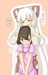  animal_ears blush bow brown_eyes brown_hair bunny_ears carrot carrot_necklace closed_eyes dress ear_pull fujiwara_no_mokou hair_bow inaba_tewi jewelry long_hair miri_(miri_1m) multiple_girls necklace ofuda open_mouth pants pendant pink_dress shirt short_hair silver_hair smile touhou translated v_arms 