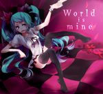  aqua_eyes aqua_hair bad_id bad_pixiv_id bracelet checkered checkered_floor english hatsune_miku holding_hands jewelry long_hair okayui out_of_frame sitting solo_focus thighhighs twintails very_long_hair vocaloid world_is_mine_(vocaloid) 