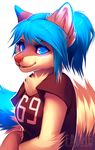  blue_eyes blue_hair breasts canine cute falvie female fluffy glowing hair jersey looking_at_viewer mammal meria plain_background raccoon solo white_background 