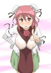  bad_id bad_pixiv_id bandages between_breasts blush breasts bun_cover chinese_clothes clothes_between_breasts commentary double_bun dress flower hand_on_hip hanging_breasts highres ibaraki_kasen impossible_clothes large_breasts leaning_forward pink_hair red_eyes rose short_hair solo standing tabard touhou yuuichi_(reductionblack) 