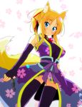  animal_ears blonde_hair blue_eyes blush breasts dog_days fingerless_gloves fox_ears fox_tail gloves hand_on_hip japanese_clothes kunai looking_at_viewer medium_breasts short_hair smile solo sw tail thighhighs weapon yukikaze_panettone 