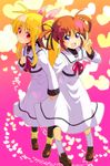  :d bow fate_testarossa hair_bow hair_ribbon heart highres holding_hands loafers lyrical_nanoha mahou_shoujo_lyrical_nanoha mahou_shoujo_lyrical_nanoha_a's multiple_girls open_mouth pantyhose ribbon school_uniform seishou_elementary_school_uniform shoes smile sw takamachi_nanoha twintails two_side_up v 
