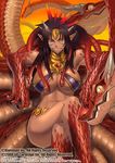  alteil black_hair breasts claws dark_skin dragon dragon_girl grin horns huge_breasts ishibashi_yosuke looking_at_viewer midriff monster_girl multicolored_hair navel pointy_ears red_eyes red_hair scales sharp_teeth sitting smile snake snake_hair tan teeth toned two-tone_hair 