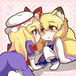  animal_ears arm_support bad_id bad_pixiv_id blonde_hair blush_stickers bow chibi dress elbow_gloves eyebrows_visible_through_hair eyes_visible_through_hair fox_ears fox_tail frilled_shirt_collar frills gloves hair_bow hat long_hair mesou-san multiple_girls multiple_tails no_hat no_headwear open_mouth oversized_clothes puffy_short_sleeves puffy_sleeves purple_eyes short_hair short_sleeves sitting sleeves_past_wrists smile socks sweatdrop tabard tail touhou white_gloves yakumo_ran yakumo_yukari yellow_eyes 