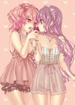  bad_id bad_pixiv_id bare_shoulders bloomers bow collarbone corset eye_contact flower hair_bow heart holding inu_x_boku_ss jewelry long_hair looking_at_another michudx multiple_girls necklace open_mouth pink_background pink_eyes pink_hair polka_dot purple_eyes purple_hair red_flower red_rose ribbon roromiya_karuta rose see-through shirakiin_ririchiyo short_hair short_twintails simple_background skirt sleeveless strapless striped twintails underwear vertical_stripes 