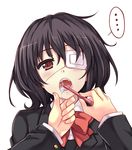  1girl another black_hair blush brushing_teeth eyepatch looking_at_viewer misaki_mei monogatari_(series) nisemonogatari open_mouth parody peach_(momozen) red_eyes saliva school_uniform season_connection simple_background solo teeth toothbrush upper_body white_background 