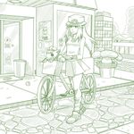  1girl background baseball_cap basket bicycle blue_(pokemon) building door english flower_pot full_body green hat leaf_(pokemon) loafers long_hair looking_away loose_socks monochrome outdoors pavement pokedollar pokemon pokemon_(game) pokemon_frlg pokemon_rgby poster_(object) potion potion_(pokemon) shirt shoes shoji-ikari sidelocks skirt sleeveless sleeveless_shirt socks solo trash_can vileplume vulpix walking window wrist_cuffs 