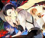  2boys aegis_(persona) android armband belt black_hair blonde_hair blue_eyes blue_hair digital_media_player dress_shirt headphones jewelry looking_back minatsume mochizuki_ryouji mole mole_under_eye multiple_boys neck_ribbon persona persona_3 petals ribbon ring robot_joints rose_petals scarf school_uniform shirt short_hair signature suspenders yuuki_makoto 