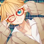  adjusting_eyewear ahoge blonde_hair blue_eyes checkered checkered_background dutch_angle fang glasses kagamine_len maclo male_focus red-framed_eyewear solo sweater v-neck vocaloid 