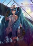  2012 absurdres aqua_hair bad_id bad_pixiv_id butcher_knife dated gloves hatsune_miku highres hockey_mask jojofon knife long_hair red_eyes skirt solo thighhighs torn_clothes twintails very_long_hair vocaloid 