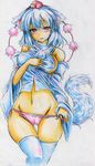  animal_ears bare_shoulders blush breasts cameltoe colored_pencil_(medium) covered_nipples detached_sleeves groin hand_on_own_chest hat highres hips inubashiri_momiji kitazinger large_breasts looking_at_viewer midriff navel no_bra no_pants panties panty_pull pink_panties red_eyes short_hair side-tie_panties sideboob silver_hair simple_background skindentation solo thigh_gap thighhighs tokin_hat touhou traditional_media underwear white_background white_legwear wide_hips wolf_ears 