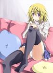  blonde_hair charlotte_dunois couch infinite_stratos long_hair mister_(black_and_white) panties pantyshot pillow purple_eyes solo sweater twintails underwear 