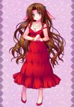  aerith_gainsborough alternate_costume alternate_hairstyle bad_id bad_pixiv_id bow bracelet brown_hair dress final_fantasy final_fantasy_vii green_eyes jewelry long_dress long_hair minatosaiga necklace pink_bow red_dress ribbon solo 