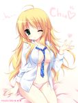  :o ahoge bad_id bad_pixiv_id between_breasts blonde_hair blush breasts character_name cleavage collarbone emily_(pure_dream) green_eyes heart hoshii_miki idolmaster idolmaster_(classic) long_hair medium_breasts necktie no_bra one_eye_closed open_clothes open_shirt panties shiny shiny_skin shirt side-tie_panties sitting striped striped_panties underwear 