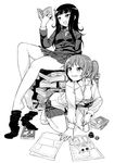  abua barefoot book drawing feet greyscale monochrome multiple_girls original ponytail reading school_uniform sitting sock_pull 