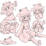  blush_stickers chibi hair_ribbon hat hat_removed headwear_removed monochrome moriya_suwako multiple_views no_hat no_headwear oka_(bananashoe) ribbon sitting sketch sleeves_past_wrists touhou 