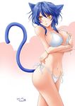  :o animal_ears bad_id bad_pixiv_id bikini blue_hair blush breast_hold breasts brown_eyes cat_ears cat_tail front-tie_top highres large_breasts navel original shiny shiny_skin short_hair side-tie_bikini solo swimsuit tail takaya58 untied 