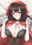  blush breasts brown_hair bustier choker cleavage cloak collarbone cosplay gloves hood hooded_cloak itsumoto_hiroharu large_breasts little_red_riding_hood little_red_riding_hood_(grimm) little_red_riding_hood_(grimm)_(cosplay) long_hair lying on_back open_mouth original parted_lips skindentation solo tears unaligned_breasts white_gloves 