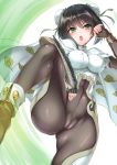  aria. arm_guards bangs black_hair bodysuit breasts bun_cover cameltoe cape chinese_clothes cloud_print commentary_request covered_navel covered_nipples crotch double_bun erect_nipples fate/grand_order fate_(series) fingerless_gloves gloves green_eyes leg_up medium_breasts open_mouth qin_liangyu_(fate) sidelocks skin_tight solo standing standing_on_one_leg thighs v-shaped_eyebrows white_cape 