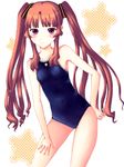  ano_natsu_de_matteru bare_shoulders blush brown_eyes brown_hair competition_school_swimsuit covered_navel flat_chest hand_on_hip hand_on_thigh leaning_forward long_hair looking_at_viewer neuron_(exceed) one-piece_swimsuit school_swimsuit solo swimsuit twintails yamano_remon 