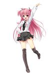  alternate_costume angel_beats! arm_up asa_no_ha boots choker cross-laced_footwear dress_shirt fang hair_ornament long_hair necktie pink_eyes pink_hair shirt skirt smile solo thigh_boots thighhighs two_side_up yui_(angel_beats!) 
