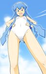  :d blue_eyes blue_hair breasts cloud covered_navel day foreshortening from_below hands_on_hips hat highres ikamusume long_hair looking_at_viewer looking_down one-piece_swimsuit open_mouth sat-c shinryaku!_ikamusume sky small_breasts smile solo swimsuit tentacle_hair tentacles white_swimsuit 