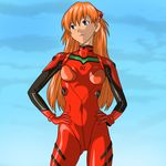  ass_visible_through_thighs bangs blue_eyes bodysuit bracer breasts closed_mouth cloud cowboy_shot day gloves gradient hair_between_eyes hands_on_hips headgear long_hair looking_to_the_side neon_genesis_evangelion nike_(0306) number orange_hair outdoors pilot_suit plugsuit red_bodysuit shiny shiny_clothes shiny_hair sky small_breasts smile smirk solo souryuu_asuka_langley standing turtleneck two_side_up 