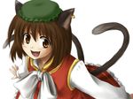  animal_ears brown_eyes brown_hair cat_ears cat_tail chen earrings fang hat jewelry mio_(rominuato) multiple_tails short_hair solo tail touhou 