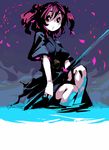  artist_request blue_dress dress looking_at_viewer onozuka_komachi polearm puffy_short_sleeves puffy_sleeves red_eyes red_hair scythe short_sleeves sitting soaking_feet solo touhou two_side_up water weapon 