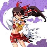  bad_id bad_pixiv_id black_hair blood hakurei_reimu ke-su long_hair navel red_eyes smoke solo torn_clothes touhou 