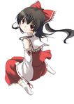  black_hair bow collar detached_sleeves dress hair_bow hakurei_reimu ikki long_hair long_sleeves looking_at_viewer ponytail red_bow red_dress red_eyes ribbon-trimmed_sleeves ribbon_trim simple_background solo touhou white_background 