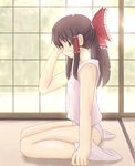  bare_shoulders bow brown_eyes brown_hair camisole collarbone from_side full_body hair_bow hakurei_reimu indoors long_hair looking_at_viewer looking_to_the_side nabetomo panties pink_panties red_bow ribbon seiza sidelocks sitting socks solo tatami touhou underwear 