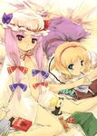  alice_margatroid barefoot bed blonde_hair blue_eyes blush book candy food looking_at_viewer lying mouth_hold multiple_girls on_stomach open_clothes patchouli_knowledge pocky purple_eyes purple_hair sitting touhou yuu_(kfc) 