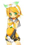  :d fang food fruit holding holding_food holding_fruit kagamine_rin kamiyoshi_rika open_mouth orange orange_(color) sailor_collar smile solo vocaloid 