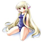  arm_support blonde_hair chii chobits long_hair one-piece_swimsuit parted_lips red_eyes school_swimsuit sitting solo sorimura_youji swimsuit 