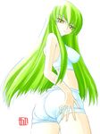  artist_request ass bangs bare_shoulders breasts c.c. code_geass covered_nipples green_hair long_hair medium_breasts midriff shorts sleeveless sleeveless_turtleneck solo tank_top turtleneck yellow_eyes 