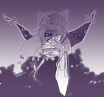  blending covering_face dark fan folding_fan gap gengorou hair_ribbon haze monochrome purple ribbon shadow smog smoke solo touhou yakumo_yukari 