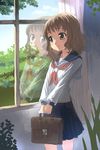  bag blue_skirt blush day light_brown_hair long_sleeves looking_out_window neckerchief original pleated_skirt reflection school_bag school_briefcase school_uniform serafuku shirane_taito skirt smile solo standing v_arms window yellow_eyes 