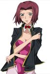  artist_request blue_eyes blush breasts bunnysuit cleavage code_geass jacket jacket_on_shoulders kallen_stadtfeld leotard medium_breasts pantyhose pink_legwear pink_leotard red_hair short_hair solo 