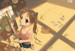  art_brush blush blush_stickers brown_eyes brown_hair camisole canvas_(object) copyright_request easel from_above hair_ornament looking_at_viewer paint paintbrush painting palette room shirane_taito sitting smile solo strap_slip twintails window_shade 