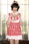  apron bikini_top checkered cosplay hairband highres morishita_yuuri open_clothes open_shirt photo shirt waitress 