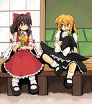  blonde_hair cup hakurei_reimu harukatron hat kirisame_marisa multiple_girls ribbon sitting tea touhou veranda yunomi 