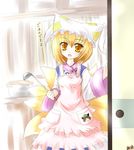  apron blonde_hair blush chen cooking doorknob fang hat holding indoors kazami_karasu ladle long_sleeves looking_at_viewer ofuda pillow_hat short_hair sliding_doors solo tareme tassel touhou translated wide_sleeves yakumo_ran 