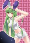  animal_ears argyle argyle_background bad_id bad_pixiv_id bangs bare_shoulders bike_shorts breasts bunny_ears bunny_tail c.c. code_geass crop_top fake_animal_ears green_hair hand_on_head long_hair medium_breasts midriff navel pink_background shorts sleeveless sleeveless_turtleneck solo tail turtleneck white_bike_shorts white_shorts yellow_eyes yukian 