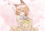  animal_ears blush brown_eyes brown_hair cat_ears heart hrd open_mouth original outstretched_arm outstretched_hand smile solo sweater 