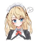  :d ^_^ black_jacket blonde_hair blue_eyes blush closed_eyes closed_mouth collared_shirt commentary_request cropped_torso g36_(girls_frontline) girls_frontline head_tilt highres jacket korean_commentary long_hair looking_at_viewer maid_headdress mod3_(girls_frontline) open_clothes open_jacket open_mouth shirt simple_background smile solo spoken_expression tandohark white_background white_shirt 