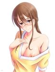  another bonnie_(rsg) breasts brown_eyes brown_hair cleavage collarbone glasses hair_ornament hairclip long_hair medium_breasts nipple_slip nipples off_shoulder ponytail reiko_(another) smile solo 
