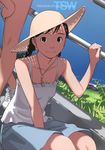  absurdres bare_arms bare_legs bare_shoulders black_eyes black_hair braid camisole hat highres looking_at_viewer original shoes sitting skirt sleeveless smile sneakers solo sun_hat takamichi twin_braids 