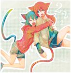  animal_ears aqua_eyes aqua_hair bad_id bad_pixiv_id cat_ears cat_tail closed_eyes fang harun_gurun hug hug_from_behind inazuma_eleven_(series) inazuma_eleven_go kariya_masaki kirino_ranmaru long_hair male_focus multiple_boys otoko_no_ko red_hair shorts tail twintails 